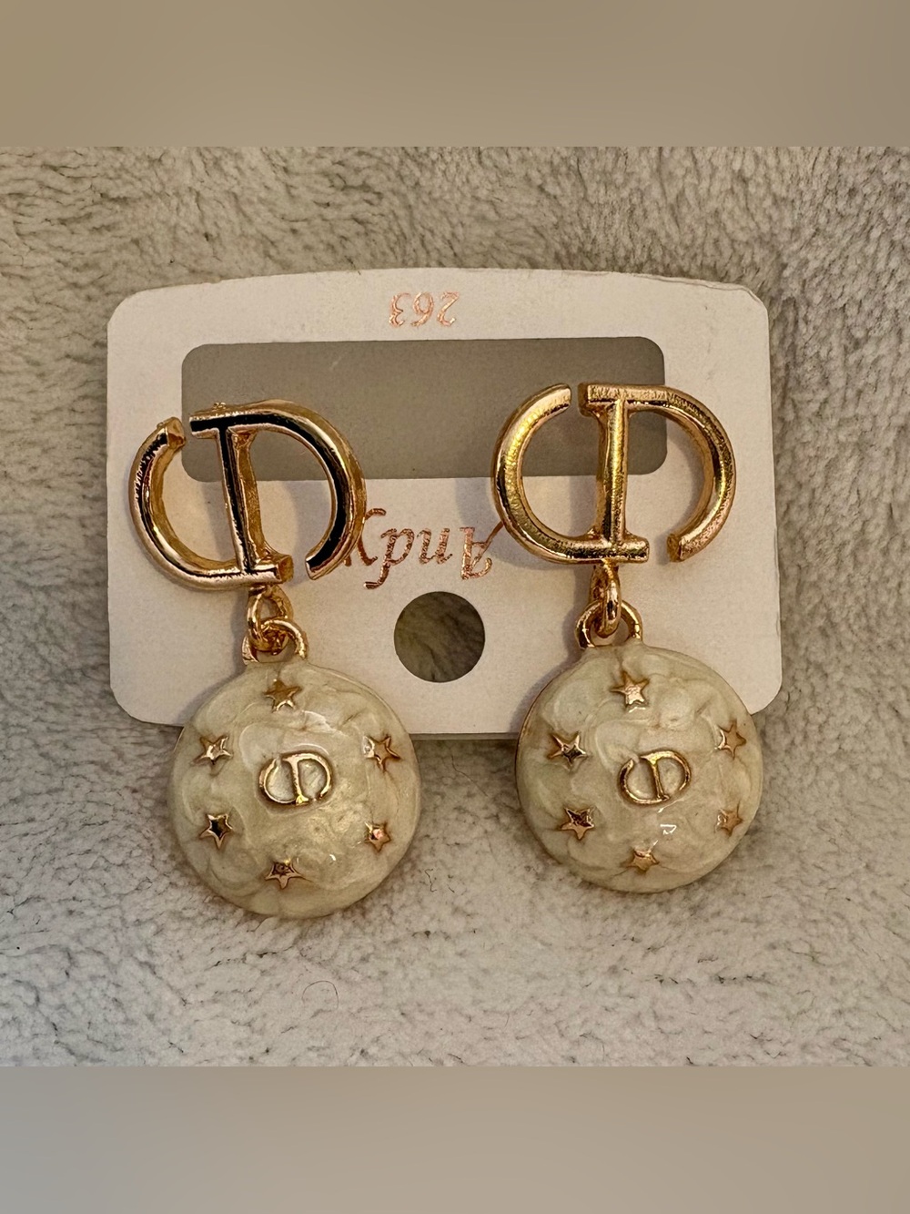Gold-Tone Cream Drop Fashion Earrings with Star Accents